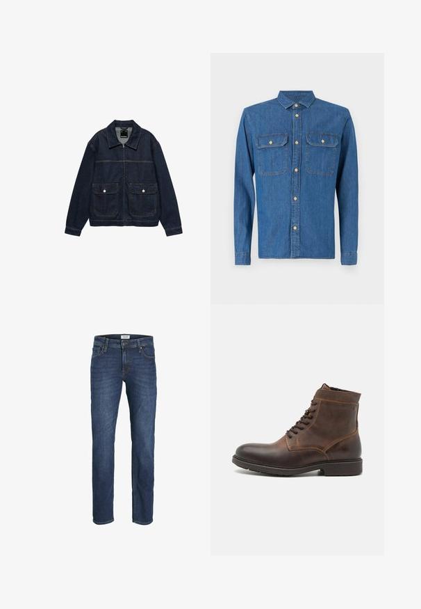Veste en jean bleu foncé avec fermeture éclair sur le devant, deux poches à rabat avec boutons, et un col classique.; Chemise en denim bleu foncé, à manches longues avec des poignets à boutons, col pointu, deux poches poitrine et fermeture à boutons à l'avant avec quincaillerie dorée.; Jean en denim bleu foncé avec une coupe droite, design à cinq poches et détails de couture visibles. Fermeture classique par bouton et zip.; Jack & Jones JFWDELANEY BOOT - Bottines à lacets - cognac