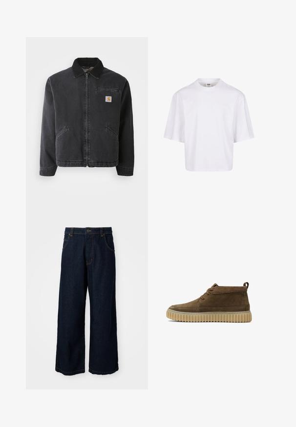 Mørk denimjakke med lynlås, spidse kraver, frontlommer og et lille patch-logo på venstre bryst. Casual pasform og tekstureret stof.; Hvid t-shirt med korte ærmer, der har en rund halsudskæring og en afslappet pasform, lavet af et glat bomuldsblandingsstof. Ingen mønstre eller udsmykninger.; Bredde bukser i mørkeblå denim med gyldne stikninger, knaplukning og fire lommer. Den nederste kant er lidt frayed.; Brune ruskind ankelstøvler med en rund tå, minimal syning og en tekstureret, kraftig gummisål. Har snørebåndsdesign og hælflig.