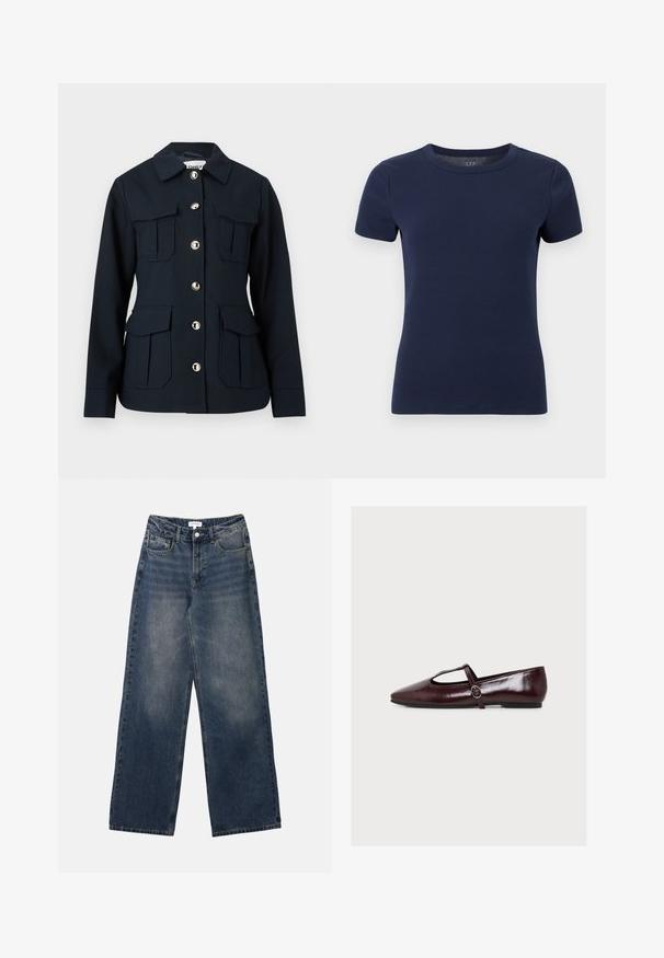 Marineblaue Jacke mit langen Ärmeln, vorderer Knopfleiste, vier großen Klappentaschen und klassischem Kragen.; Marineblaue, kurzärmelige Rippstrick-T-Shirt mit Rundhalsausschnitt und figurbetonter Silhouette auf weißem Hintergrund.; Herrenhohe-taillierte blaue Jeans aus Denim mit weitem Bein, vorderem Knopf und Reißverschluss sowie Vorder- und Gesäßtaschen.; Dunkelbrauner glänzender Mary Jane Ballerina mit spitzer Kappe und schmalem Riemen mit runder Schnalle an der Seite.
