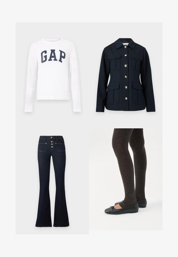Veste bleu marine à manches longues, fermeture à boutons sur le devant, quatre grandes poches à rabat, et col classique.; Chemise blanche à manches longues avec encolure ronde et "GAP" imprimé en grandes lettres bleu marine sur la poitrine.; Jean flare taille haute bleu foncé avec fermeture devant à quatre boutons et deux poches avant, présenté sur fond blanc.; Jambes portant des leggings côtelés foncés associés à des ballerines noires avec de petits détails en nœud sur fond blanc.