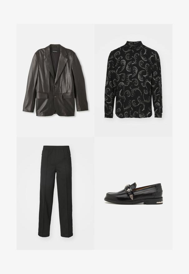 Sort læderblazer med klapkraver, to knapper og klaplommer, lagt fladt mod en hvid baggrund.; Sort skjorte med knaplukning, der har hvide svungne paisleymønstre, lange ærmer og klassisk krave, lavet af letvægtigt stof.; Sorte bukser lavet af strækbart stof, med lige snit, sidelommer med lynlås og en glat tekstur uden synlige mønstre.; Sort læderloafer med sølv dekorativt hardware, en mokkasinstil overdel, detaljeret syning og en stakheel.