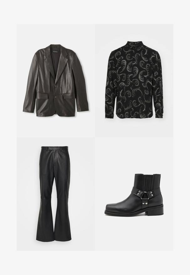 Sort læderblazer med klapkraver, to knapper og klaplommer, lagt fladt mod en hvid baggrund.; Sort skjorte med knaplukning, der har hvide svungne paisleymønstre, lange ærmer og klassisk krave, lavet af letvægtigt stof.; Emporio Armani EXCLUSIVE TROUSERS - Skindbukser - nero; The Kooples CHAUSSURES - Cowboy- / bikerstøvlette - black
