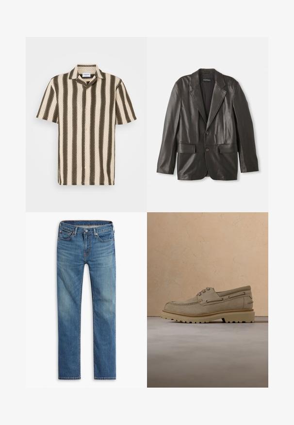 Schwarze Lederblazer mit Reverskragen, zwei Knöpfen und aufgesetzten Taschen, flach auf einem weißen Hintergrund ausgelegt.; Kurzarmhemd mit Button-Down-Kragen, das abwechselnd cremefarbene und olivgrüne Streifen sowie ein strukturiertes Muster aufweist.; Blaue gerade geschnittene Jeans mit Knopf- und Reißverschluss vorne, Fünf-Taschen-Design und dezenten Ausbleichungen an Oberschenkeln und Knien.; Beiger Wildleder-Casual-Schnürschuh mit dicker, profilierter Sohle, schwebend über passender beiger strukturierter Oberfläche und Hintergrund dargestellt.