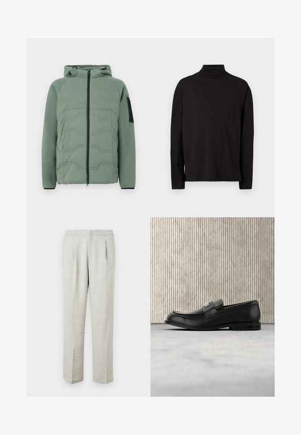 Veste rembourrée verte avec capuche, présentant un devant texturé, une fermeture éclair, deux poches avant et un accent noir sur la manche gauche.; Haut à col roulé noir à manches longues en tissu doux et lisse, avec une coupe décontractée et sans motifs ni accents visibles.; Pantalons gris clair en tissu texturé, avec une coupe droite, un devant plissé et une taille standard. Pas de poches ni d'accents visibles.; Mocassin en cuir noir avec une plaque de marque en métal reposant près d'une table ronde marron sur un sol recouvert de moquette beige.