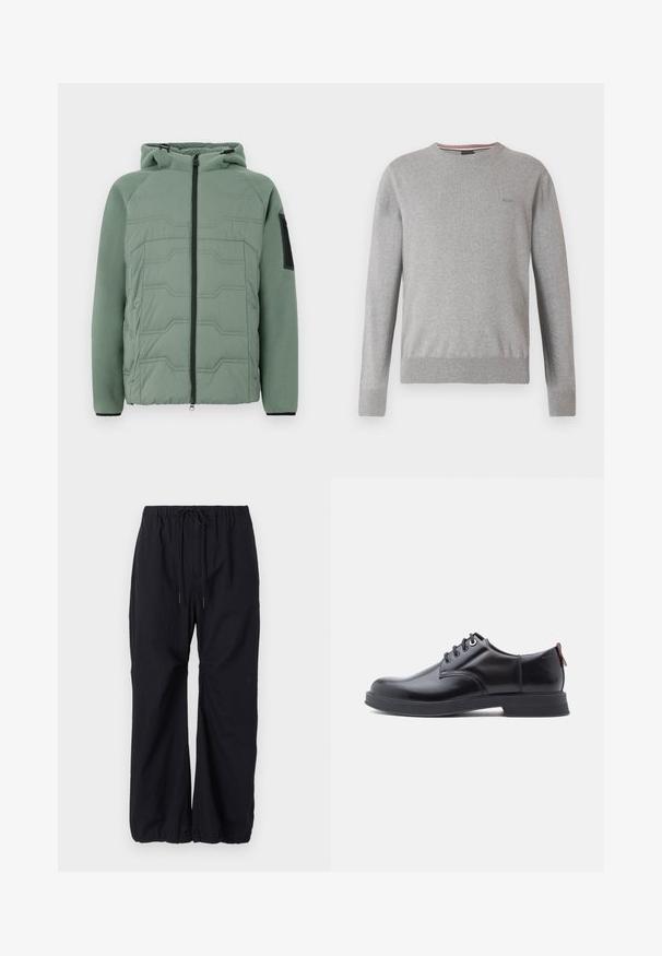 Veste rembourrée verte avec capuche, présentant un devant texturé, une fermeture éclair, deux poches avant et un accent noir sur la manche gauche.; Pull gris avec col rond, manches longues, poignets et ourlet côtelés, avec un logo discret sur la poitrine et des accents rayés au niveau de l'encolure.; Pantalons noirs amples en tissu léger, dotés d'une taille élastique avec cordon de serrage et de poignets froncés aux chevilles.; Chaussures en cuir noir à lacets avec une texture lisse, un bout arrondi et des détails de couture discrets. Présentent une languette rouge à l'arrière.
