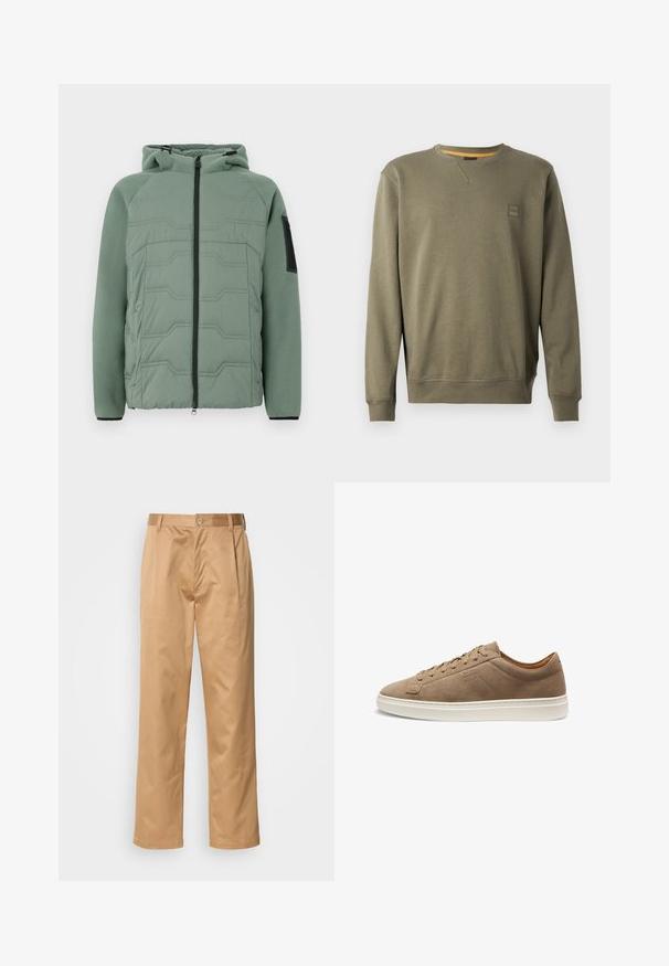 Grüne gepolsterte Jacke mit Kapuze, mit einer strukturierten Vorderseite, Reißverschluss, zwei Fronttaschen und einem schwarzen Akzent am linken Ärmel.; Olivenfarbener Sweatshirt aus weichem Baumwollmix, mit Rundhalsausschnitt, gerippten Bündchen und einem kleinen Logopatch auf der Brust.; Khaki-Hosen aus Baumwollmischung, im geraden Schnitt, mit Vorderfalten, Gürtelschlaufen und Knopfverschluss. Glatte Textur ohne Muster.; Beiger Sneaker aus Wildleder in Low-Top-Form mit Schnürung vorne und weißer Gummisohle, Seitenansicht, minimalistische Nähte und eingeprägtes Markenlogo.