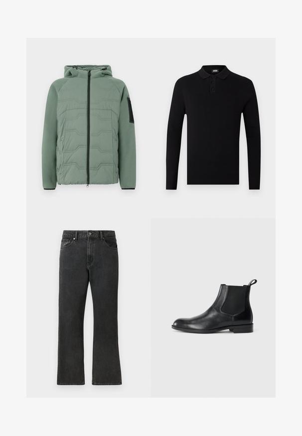 Groene gevoerde jas met een capuchon, met een gestructureerde voorkant, ritssluiting, twee voorke pockets en een zwart accent op de linker mouw.; Zwart poloshirt met lange mouwen van ribbelstof, drie-knoopsluiting en een zachte kraag. Eenvoudig en veelzijdig ontwerp.; Zwarte denim jeans met een rechte pasvorm, met een middelhoge taille, vijf zakken en een knoopsluiting. Subtiele vervaagde textuur overal.; Zwarte leren enkelboot met elastische zijpanelen, ronde neus en een trekhaak. Gladde textuur, platte zool, minimalistisch ontwerp.