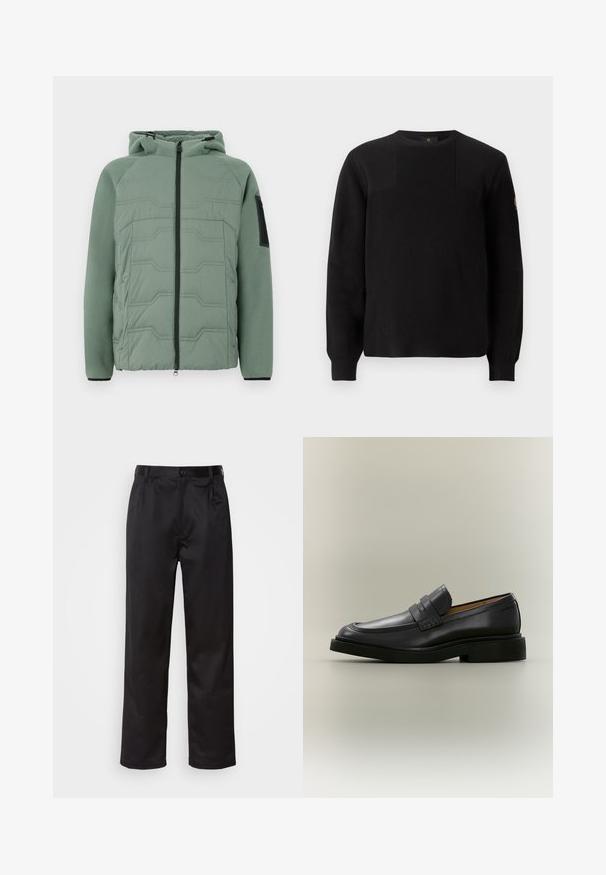 Chaqueta acolchada verde con capucha, con un frente texturizado, cierre de cremallera, dos bolsillos frontales y un detalle negro en la manga izquierda.; Suéter negro de punto con textura acanalada, cuello redondo y mangas largas. Presenta un diseño de panel sutil y un pequeño logo en la manga.; Pantalones negros de tela suave, con cierre delantero de botón, pliegues y patas rectas. Sin patrones ni acentos visibles.; Mocasín de hombre de cuero negro con tacón bajo y detalle de correa en la parte superior, mostrado de perfil sobre un fondo neutro.