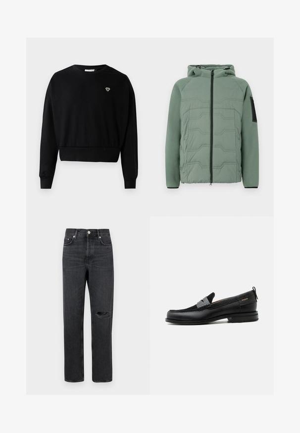 Groene gevoerde jas met een capuchon, met een gestructureerde voorkant, ritssluiting, twee voorke pockets en een zwart accent op de linker mouw.; Zwarte cropped sweatshirt met een ronde nek, lange mouwen en een klein geborduurd logo op de borst, gemaakt van een zachte katoenmix.; Zwarte denim jeans met een rechte pijp, voorzien van een gescheurde knie, vijf zakken en metalen hardware bij de taille en zakken.; Zwarte leren loafer met grijs riemdetailelement, lage hak en gestructureerde zool, aan de zijkant gebrandmerkt met "HUGO" in goud.