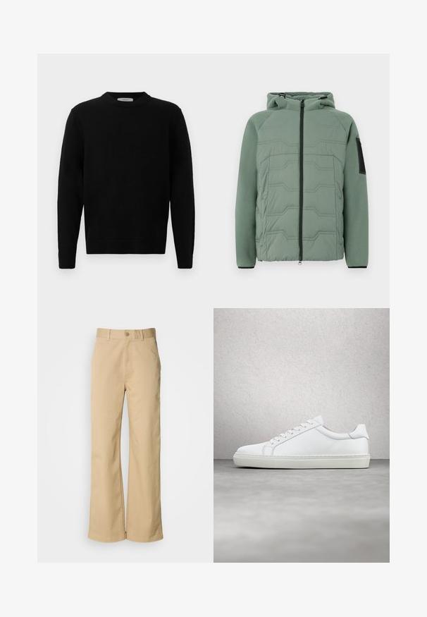 Grüne gepolsterte Jacke mit Kapuze, mit einer strukturierten Vorderseite, Reißverschluss, zwei Fronttaschen und einem schwarzen Akzent am linken Ärmel.; Schwarzer Strickpullover mit rundem Halsausschnitt, langen Ärmeln und gerippten Bündchen. Weicher Stoff mit einem klaren, minimalistischen Design, geeignet für lässige Anlässe.; Beige, weit geschnittene Hosen aus einer Baumwollmischung. Mit einem Knopfverschluss und Gürtelschlaufen. Glatte Textur mit minimalen Nähten.; Weißer Sneaker mit glattem Lederobermaterial und niedrigem Profil. Verfügt über eine runde Zehenpartie, sechs Ösen und eine strukturierte Gummisohle.