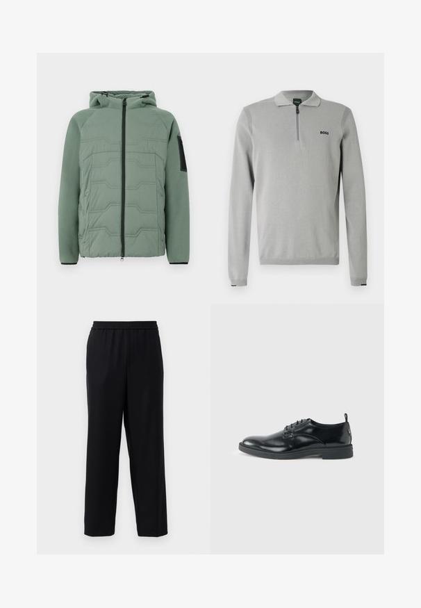 Grøn polstret jakke med hætte, der har en tekstureret front, lynlås lukning, to forlommer og en sort detalje på venstre ærme.; Grå pullover med lynlås i kraven, med ribstrikkede detaljer på skuldre og ærmekanter. Indeholder en lille sort "BOSS"-logo på brystet.; Sorte bukser med elastisk talje, lige ben-design og et glat, let stof. Ingen synlige lommer eller mønstre.; Blank sort læder dresssko med lav hæl, snørelukning og rund tå, vist fra siden på ensfarvet lys baggrund.