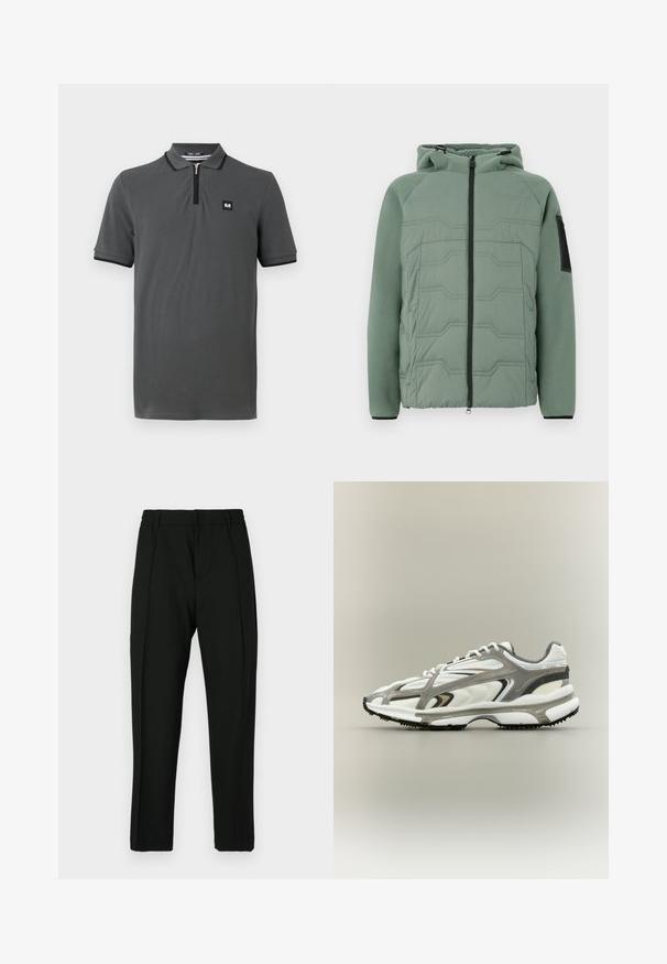Groene gevoerde jas met een capuchon, met een gestructureerde voorkant, ritssluiting, twee voorke pockets en een zwart accent op de linker mouw.; Grijze polo met een ritskraag, korte mouwen en zwarte afwerking rond de kraag en mouwen. Klein logo op de borst.; Zwarte broek met een gladde textuur, met een platte voorkant, twee verticale plooien en een taps toelopend ontwerp. Elastaan tailleband voor comfort.; Sportschoen met een witte mesh bovenkant, grijze accenten, zwarte rubberen zool en een gestroomlijnd ontwerp. Bevat veters en textuurdetails.