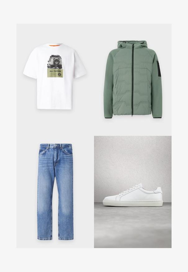 Grøn polstret jakke med hætte, der har en tekstureret front, lynlås lukning, to forlommer og en sort detalje på venstre ærme.; Hvid bomulds t-shirt med et grafik af et køretøj og teksten "ALL-TERRAIN" i grøn, med et sort-hvidt design. Orange inderside af kraven.; Lyseblå denimjeans med lige ben, fem lommer, kontrasttråd og en let slidt finish. Knap- og lynlåslukning.; Hvide sneakers med en glat læderoverdel og lav profil. Har en rund tå, seks snørehuller og en tekstureret gummisål.