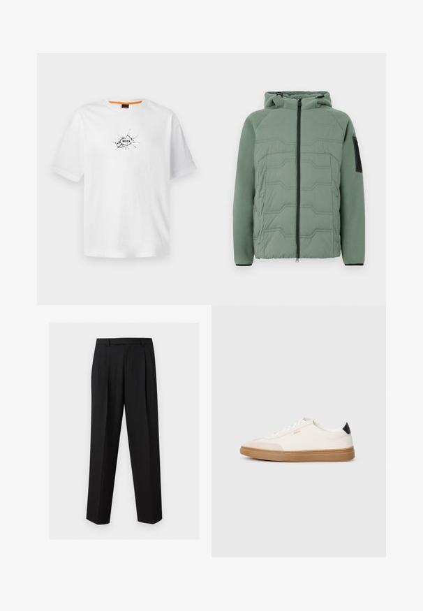 Groene gevoerde jas met een capuchon, met een gestructureerde voorkant, ritssluiting, twee voorke pockets en een zwart accent op de linker mouw.; Witte katoenen t-shirt met een ronde hals, voorzien van een zwart gebarsten ontwerp en het woord "BOSS" in het midden. Korte mouwen.; Zwarte op maat gemaakte broek met rechte pijpen, plooien in de taille, riemlussen en zijzakken met een split, getoond op een effen achtergrond.; Witte sneakers met beige accenten, bovenwerk van glad leer, ronde neus en rubberen gumzool, met een zwarte hieltab en subtiele branding.
