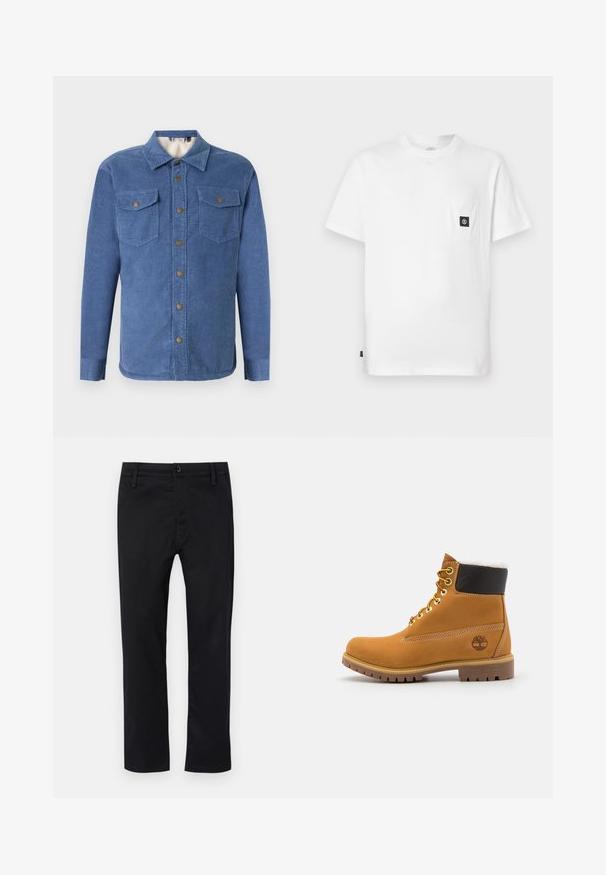 Blauwe corduroy overhemd met een knoopsluiting aan de voorkant, twee borstzakken en een zachte voering. Heeft een kraag en lange mouwen met knoopmanchetten.; Witte katoenen T-shirt met een ronde hals, korte mouwen en een borstzakje met een zwarte logo-patch. Gladde textuur, losse pasvorm.; Zwarte broek van gladde stof, met een rechte voorkant, standaard taille met riemlussen en rechte pijpen. Klassiek ontwerp zonder patronen.; Bruine leren enkellaars met metalen oogjes, witte faux bont voering, zwarte gewatteerde kraag, robuuste zool en een reliëflogo aan de zijkant.