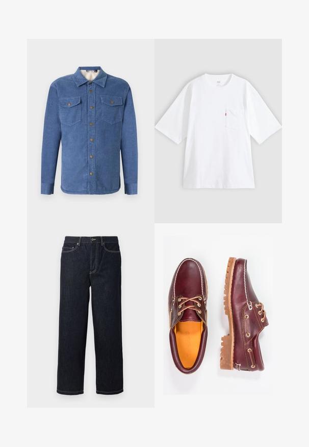 Blaues Cordhemd mit Knopfleiste, zwei Brusttaschen und einem weichen Innenfutter. Verfügt über einen Kragen und lange Ärmel mit Knopfmanschetten.; Weißes Baumwoll-T-Shirt mit kurzen Ärmeln, rundem Ausschnitt und Brusttasche auf der linken Seite. Mit kleinem rotem Logotag an der Tasche.; Dunkelblaue gerade geschnittene Jeans aus Denim mit fünf Taschen und weißen Kontrastnähten, Knopfverschluss und Gürtelschlaufen.; Bordeauxfarbene Lederschuhe mit braunen Gummisohlen, runder Zehenform, weißen Nähten und goldenen Ösen. Das Innenfutter weist eine gelbe Beschichtung auf.