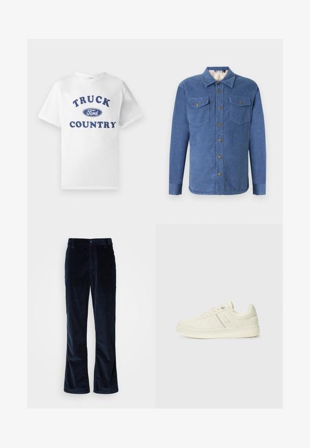 Blå kordfløjelsskjorte med knaplukning foran, to brystlommer og en blød foring. Har krave og lange ærmer med knapmanchetter.; Hvid bomulds t-shirt med blå trykt tekst "TRUCK COUNTRY" og et blåt ovalt "Ford"-logo i midten. Korte ærmer og rund hals.; Mørkeblå fløjlshandsker med lige ben-design, der har lodrette ribber, knaplukning og forlommer.; Cremefarvet sneaker med perforeret detaljering, snørebånd og logo på siden, præsenteret mod en simpel hvid baggrund.
