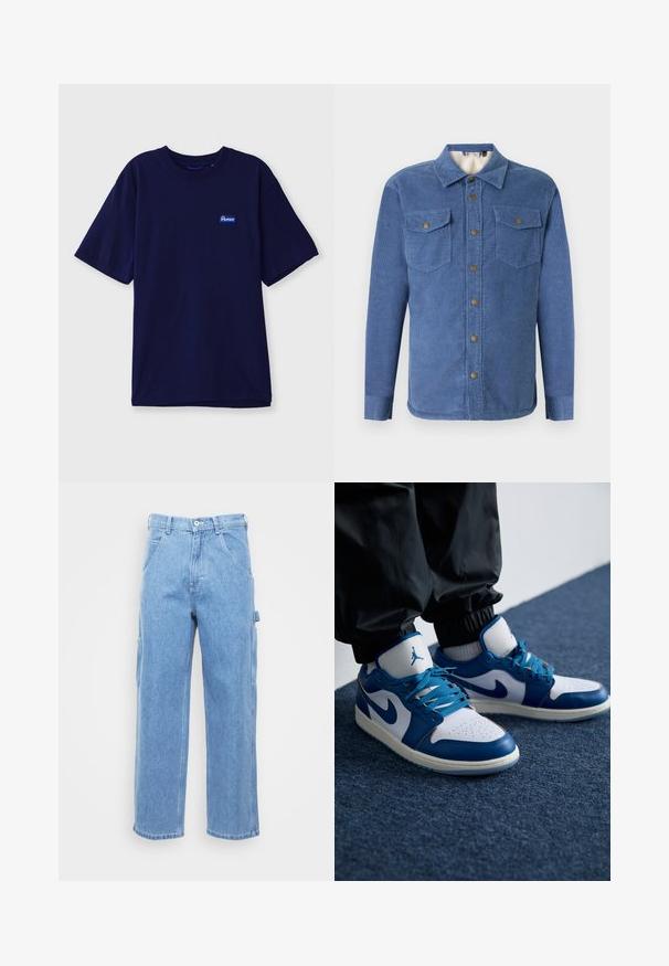 Blaues Cordhemd mit Knopfleiste, zwei Brusttaschen und einem weichen Innenfutter. Verfügt über einen Kragen und lange Ärmel mit Knopfmanschetten.; Hemd aus navyblauem Baumwollstoff mit Rundhalsausschnitt, kurzen Ärmeln und einem kleinen rechteckigen Markenetikett in Blau und Weiß auf der linken Brust.; Hellblaue Denim-Cargohosen mit geradem Bein, Vordertaschen und seitlichen Cargotaschen. Der Stoff hat eine glatte Textur mit einem leicht verwaschenen Finish.; Die Nike Air Jordan Sneakers verfügen über eine weiße Lederbasis mit blauen synthetischen Akzenten, einer perforierten Zehenbox und blauen Schnürsenkeln.