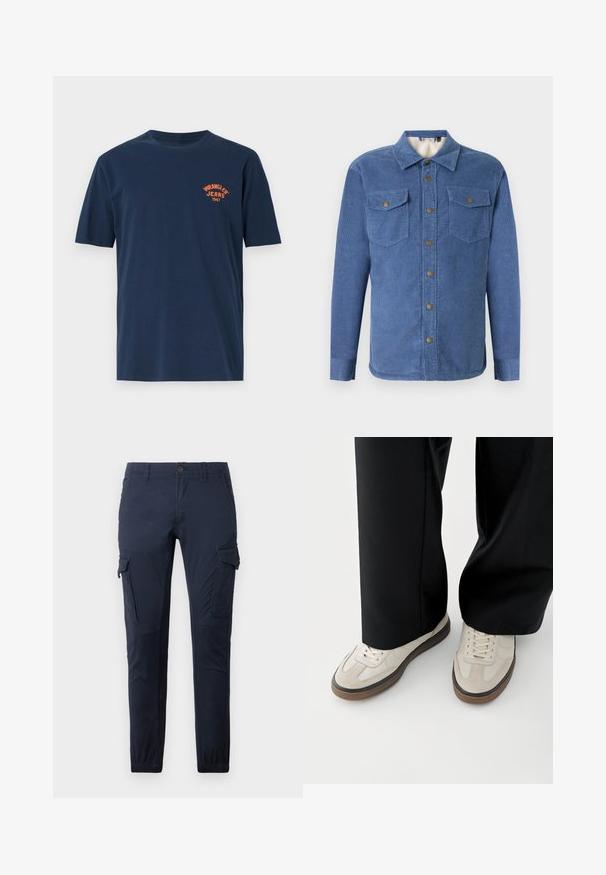 Blauwe corduroy overhemd met een knoopsluiting aan de voorkant, twee borstzakken en een zachte voering. Heeft een kraag en lange mouwen met knoopmanchetten.; Navyblauwe katoenen T-shirt met korte mouwen, een ronde hals en een oranje geborduurd "Wrangler Jeans 1947" logo op de borst.; Marine cargo shorts gemaakt van duurzame stof, met meerdere zakken, een tailleband met een knoop en elastische boorden bij de enkels.; Voeten met beige sneakers met bruine zolen en zwarte wijde broekspijpen op een witte achtergrond.