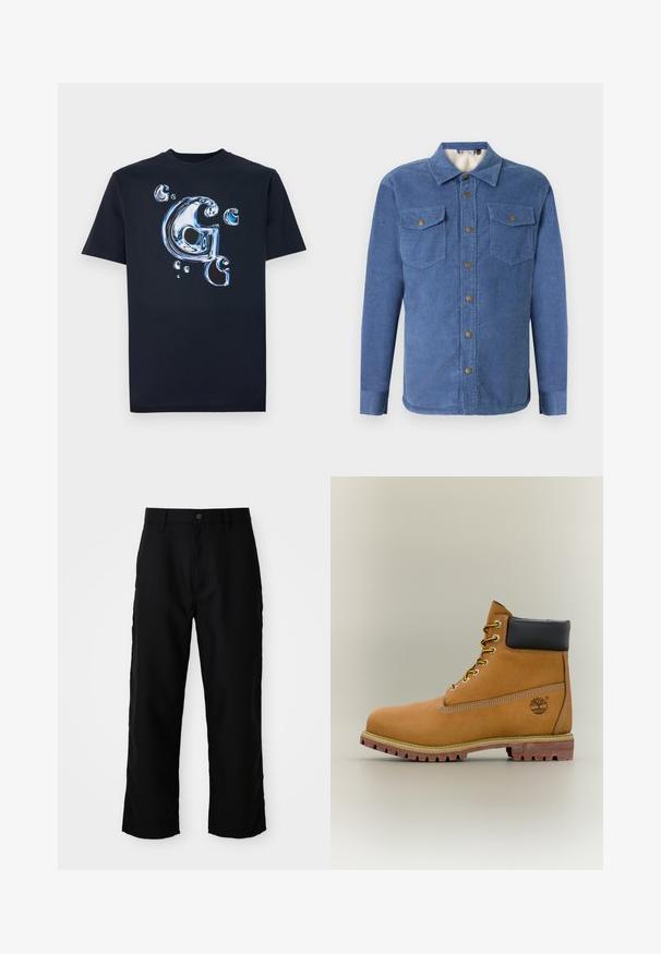 Blauwe corduroy overhemd met een knoopsluiting aan de voorkant, twee borstzakken en een zachte voering. Heeft een kraag en lange mouwen met knoopmanchetten.; Zwarte katoenen T-shirt met een glanzende, metallic stijl letter "G" en luchtbelletjes in tinten blauw. Korte mouwen met een klassieke pasvorm.; Zwarte rechte broek met riemlussen, knoop aan de voorkant en ritssluiting op een effen lichte achtergrond.; Bruine leren enkellaars met zwarte kraag, gele veters en een zandkleurige zool. Voorzien van een logo en witte stikseldetails. Robuuste loopzool met grip.