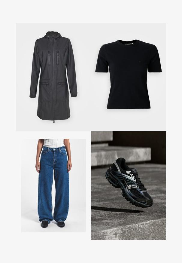 Rains Regenjas - black; Zwarte ribbel korte mouwen t-shirt met een ronde halslijn; heeft een subtiele logo op de borst; gemaakt van een zachte, gestructureerde stof.; Wijdvallende blauwe denim jeans met een hoge taille, voorzien van een knoopsluiting, voorzakken en een licht vervaagde textuur.; Zwart-zilveren Nike hardloopschoen zwevend boven betonnen trappen, met een gedetailleerd ontwerp en een getextureerde zool in een buitenomgeving.