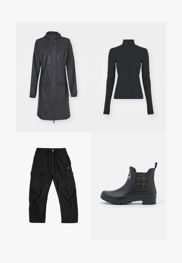 Rains Regenjas - black; Zwarte geribbelde coltrui met lange mouwen, nauwsluitende pasvorm, gladde textuur en subtiele rek, ontworpen voor comfort en laagjes.; Zwarte cargobroek van stof, voorzien van een elastische tailleband met een trekkoord, meerdere zijzakken en een relaxte pasvorm.; Barbour KINGHAM - Regenlaarzen - black