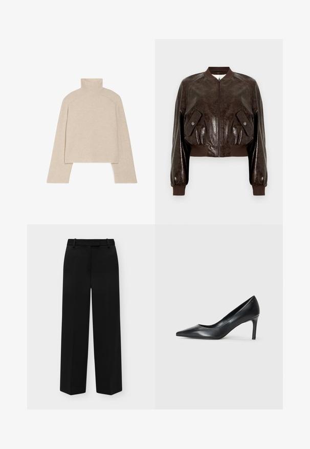 Blouson aviateur court en similicuir marron foncé, doté d'une fermeture éclair, de poignets côtelés et de deux poches latérales inclinées avec boutons-pression.; Pull col roulé beige à côtes, avec des manches longues et une coupe ajustée, présentant un col haut et un motif de tricot texturé.; Pantalon noir à jambes droites avec passants de ceinture et taille, présenté à plat sur un fond clair.; Escarpin noir en cuir à bout pointu avec un talon fin, texture lisse et sans embellissements visibles. Design épuré avec une esthétique minimaliste.