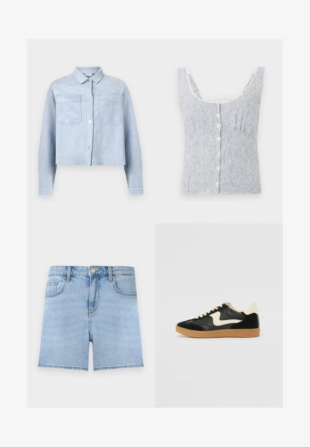 Veste courte bleu clair à boutons, avec deux poches poitrine et manches longues, en matière douce semblable à du daim.; Haut sans manches à boutons en blanc et gris rayé vertical avec de larges bretelles et un buste ajusté, présenté sur un fond uni.; Short en jean bleu clair avec bouton à l'avant, fermeture éclair, passants de ceinture et design cinq poches sur un fond uni.; Baskets en daim et cuir noir avec un swoosh latéral crème et un talon crème clair. Dotées de lacets beige et d'une semelle en caoutchouc gomme.