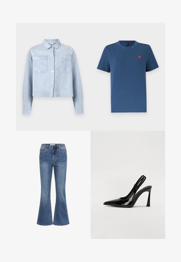 Lyseblå cropped button-up jakke med to brystlommer og lange ærmer, lavet af blødt ruskindslignende materiale.; Blå kortærmet T-shirt med rund hals og et lille rødt hjerteemblem på venstre bryst mod en ensfarvet hvid baggrund.; Blå denim jeans med høj talje, frontlukning med knap og lynlås, og let udvidede ben.; Sorte patenterede lædersædler med spidse tæer, slank høj hæl og dobbelt elastisk rem for sikker pasform. Glat, skinnende overflade.