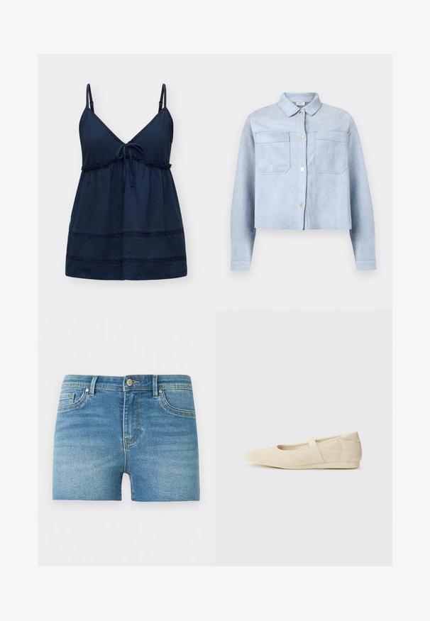 Veste courte bleu clair à boutons, avec deux poches poitrine et manches longues, en matière douce semblable à du daim.; Top caraco bleu marine sans manches avec bretelles réglables, encolure en V, lien noué au centre devant, et bordure en dentelle décorative près de l'ourlet.; Short en jean bleu avec bouton à l'avant, fermeture éclair, passants pour ceinture et cinq poches sur un fond clair uni.; Ballerines beiges avec une exterior en cuir lisse, un bout en forme d'amande et une sangle élastique sur le coup de pied, avec des détails de couture subtils.