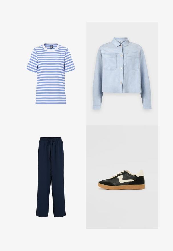 Lyseblå cropped button-up jakke med to brystlommer og lange ærmer, lavet af blødt ruskindslignende materiale.; Kortærmet T-shirt med horisontale lyseblå og hvide striber, rund halsudskæring og en synlig mærkeetiket indeni kraven.; Mørkeblå, løstsiddende bukser med elastisk talje og snøre, lige ben, afslappet stil, ingen synlige lommer.; Sorte ruskinds- og lædersneakers med en cremefarvet side-swoosh og lys cremefarvet hæl. Har beige snørebånd og en gummirubber-sål.