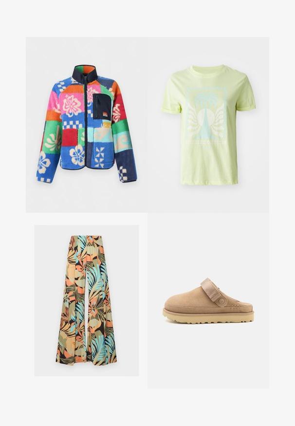 Veste polaire colorée avec motifs floraux et géométriques, poche poitrine zippée noire et col montant.; T-shirt vert clair en coton, avec un graphique de palmier bleu et le texte "SUMMER DREAMS", avec des manches courtes retroussées.; Pantalon à jambes larges avec imprimé de feuilles tropicales en aqua, orange, olive, beige et noir sur un tissu léger.; Mocassin en daim beige avec un dessus texturé, une sangle ajustable et une semelle en caoutchouc robuste avec un motif à crampons pour une meilleure adhérence.
