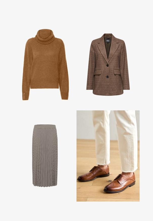 Brun ternet blazer med spidse klapper, to forlommer og en enkelt knaplukning. Teksturområde med en struktureret pasform.; Brun turtleneck trøje med en blød, struktureret overflade og lange ærmer. Har perle-lignende detaljer på manchetterne.; Plisseret midi-sygt i et sort og hvidt gingham-mønster. Har en talje og struktureret stof med lige snit.; Brune læder brogue sko med perforerede detaljer, rund tå og en glat overflade, parret med cremede bukser med frynset kant.