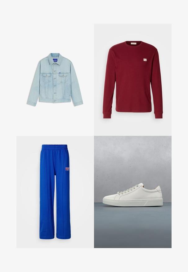 Lyseblå denimjakke med knapper foran, to brystlommer med klap, sidelommer og et "HUGO" mærke på brystlommen og indvendig i kraven.; Langærmet skjorte i bordeaux ribbet stof med rund hals og et lille logopatch på venstre bryst.; Lyseblå elastiske sweatpants med lige ben og et lille rødt og hvidt "VERY" logo på højre lår.; Hvid lædersneaker med rund tå, minimalistisk design, grå snørebånd og en tekstureret grå gummisål. Subtile syningsdetaljer er synlige.