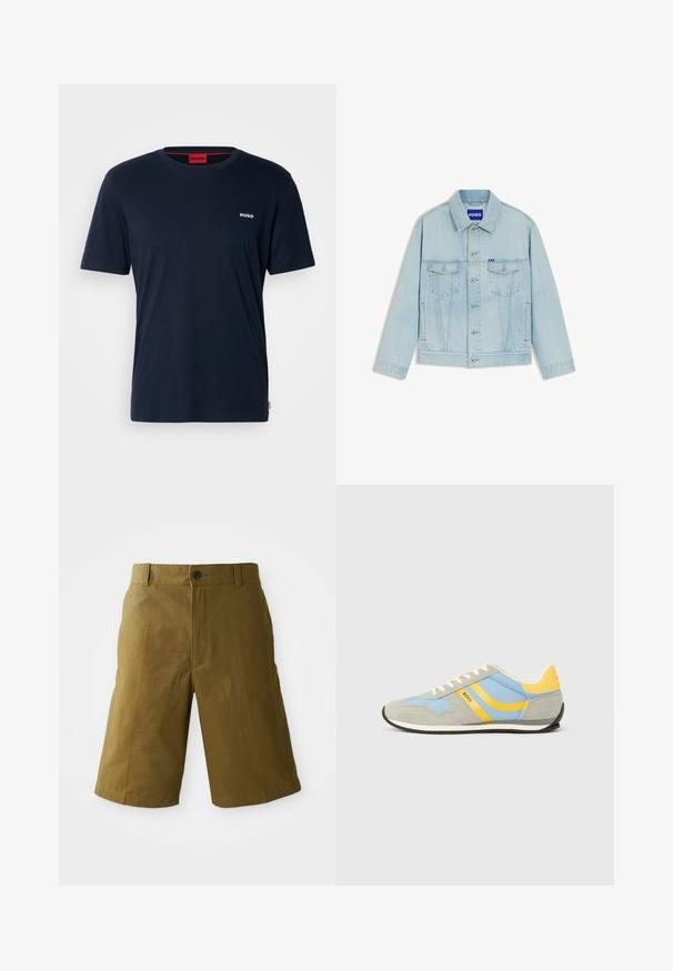 Hellblaue Jeansjacke mit Knopfleiste, zwei aufgesetzten Brusttaschen mit Klappe, Seitentaschen und einem "HUGO"-Etikett auf der Brusttasche sowie am Innenkragen.; Marineblaue Baumwoll-T-Shirt mit kurzen Ärmeln, Rundhalsausschnitt und kleinem weißen "HUGO"-Logo auf der linken Brust. Glatte Textur, minimalistisches Design.; Knielange olivgrüne Shorts mit Knopfverschluss, Gürtelschlaufen und taillierter Passform vor einem weißen Hintergrund.; Graue Wildleder- und blaue synthetische Sneakers mit gelben Streifen. Verfügt über ein weißes Schnürsystem und eine schwarze Gummisohle.
