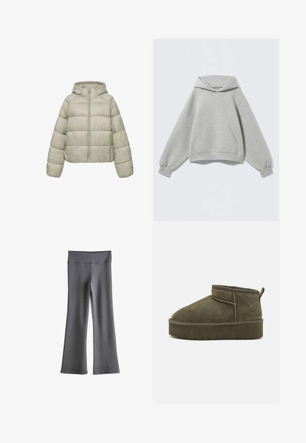 Lichtgrijs gewatteerd jack met horizontale doorgestikte lijnen, volledige ritssluiting aan de voorkant, lange mouwen en een vastgenaaide capuchon.; Lichtgrijze oversized hoodie met een voorzak in kangaroestijl, geribde boorden en een gevouwen capuchon, afgebeeld tegen een effen achtergrond.; Grijze uitgerande leggings gemaakt van rekbare stof. Voorzien van een brede, gladde tailleband en nette naden, ontworpen voor comfort en bewegingsvrijheid.; Olijfgroene suède enkellaarzen met een ronde teen, gestikte details en een dikke zool met een gestructureerd patroon. Kleine trekband aan de achterkant.