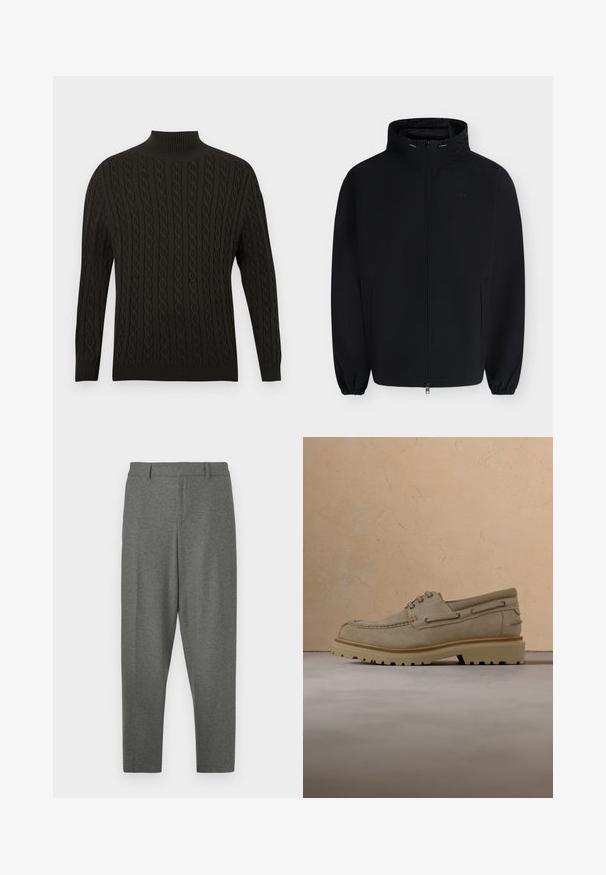 Sort hættejakke med lynlås foran, elastiske manchetter, to sidelommer og et diskret logo på brystet, vist på en ensfarvet baggrund.; Sort strikket sweater med høj turtle neck, tekstureret kabeldesign, lange ærmer samt ribbede manchetter og kant.; Grå skræddersyede bukser lavet af et blødt stof. Har en talje, bæltestropper og et tapered ben-design. Glat tekstur, ingen mønstre.; Beige ruskind casual snørestøvle med tyk, rillet sål, vist i luften over matchende beige struktureret overflade og baggrund.