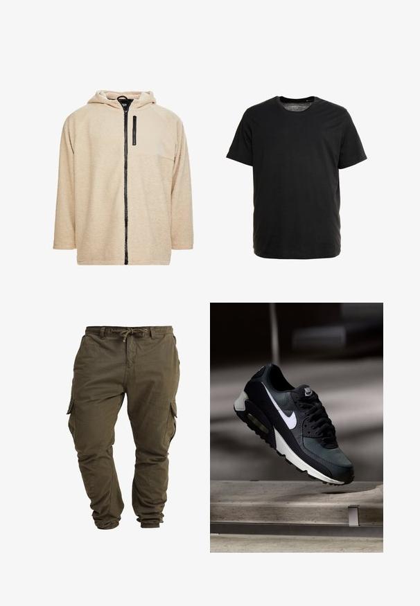 Chaqueta con capucha de felpa color canela, con cremallera frontal, superficie texturizada y un panel sólido beige en el pecho. Presenta cremallera y detalles en negro.; Camiseta de manga corta negra, hecha de tejido suave, con cuello redondo y corte recto, sin patrones ni gráficos visibles.; Pantalones cargo de color verde oliva hechos de algodón suave, con cordón ajustable en la cintura, puños elásticos y bolsillos laterales. ; Zapatilla Nike Air Max negra y gris con el logo blanco, suspendida sobre una superficie de cemento contra un fondo oscuro y desenfocado.
