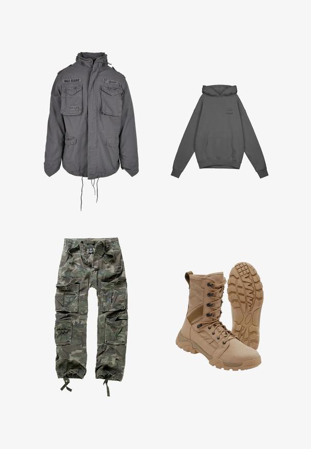 Chaqueta gris de estilo militar con cuello alto, múltiples bolsillos frontales, dobladillo ajustable con cordón y detalles de texto bordados.; Pegador HAWKINS OVERSIZED HOODIE - Jersey con capucha - vintage anthracite; Pantalones cargo de camuflaje, confeccionados en algodón, con múltiples bolsillos, puños elásticos y un corte holgado con cintura ajustable mediante cordón.; Bota táctica color beige con diseño de cordones hasta la altura del tobillo y suela de goma resistente, una bota en posición vertical y la otra mostrando el patrón de la suela.