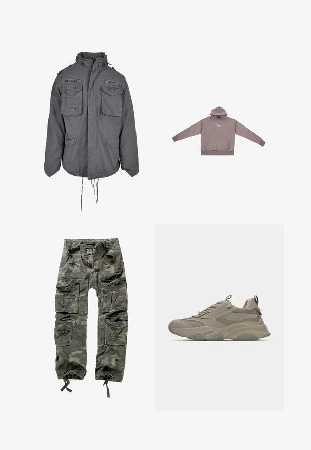 Chaqueta gris de estilo militar con cuello alto, múltiples bolsillos frontales, dobladillo ajustable con cordón y detalles de texto bordados.; Sudadera con capucha en un color marrón apagado, con un bolsillo delantero, puños acanalados y un logotipo blanco simple en el pecho.; Pantalones cargo de camuflaje, confeccionados en algodón, con múltiples bolsillos, puños elásticos y un corte holgado con cintura ajustable mediante cordón.; Zapatilla beige con una combinación de material de malla y suave, suela gruesa, acolchado prominente y acentos texturizados en el lado y en el talón.