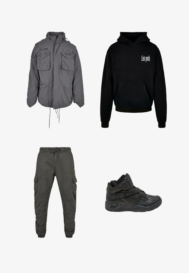 Chaqueta gris de estilo militar con cuello alto, múltiples bolsillos frontales, dobladillo ajustable con cordón y detalles de texto bordados.; Sudadera negra con capucha y bolsillo frontal, que presenta el texto blanco "Juventud perdida" en la esquina superior izquierda. Material de mezcla de algodón.; Pantalones cargo en algodón gris oscuro con cintura elástica, cordón ajustable y múltiples bolsillos laterales. Puños elásticos en los tobillos.; Zapatillas negras de caña alta con un upper de cuero suave, detalles perforados, correa ajustable y suela de goma con forma contorneada.
