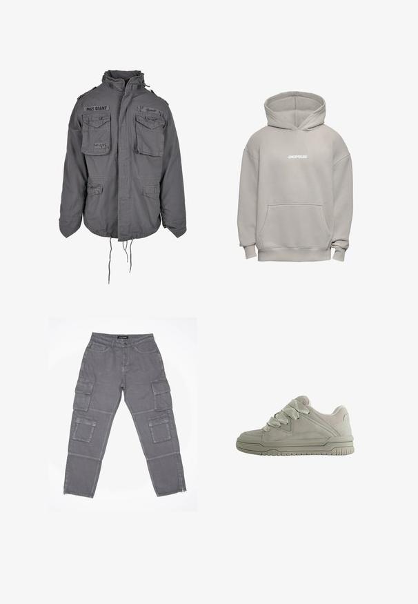 Militaire stijl grijze jas met een hoge kraag, meerdere voorzakken, verstelbare koord onderrand en geborduurde tekstdetails.; Lichtgrijze oversized hoodie met voorzak en "DROPSIZE" in het wit gedrukt op de borst.; Grijze cargobroek van een licht gestructureerde stof, met meerdere zijzakken, een ritssluiting aan de onderkant en een knoopsluiting in de taille.; Laag model grijze sneaker met dikke, gestructureerde veters, gevoerde kraag, gestikte panelen en een geribbeld rubberen zool voor grip.