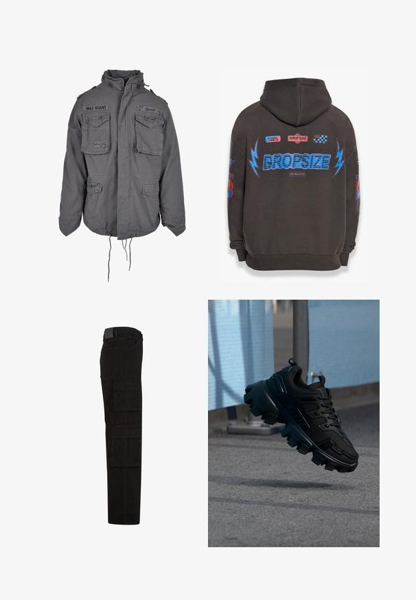 Veste grise de style militaire avec un grand col, plusieurs poches avant, un ourlet à cordon réglable et des détails de texte brodés.; Sweat à capuche gris foncé avec un grand texte bleu "DROPSIZE" et des graphiques colorés. Comprend une capuche, des poignets côtelés et divers patchs imprimés.; Pantalon cargo noir avec plusieurs grandes poches à rabat, passants de ceinture, et une coupe droite, vu de côté.; Baskets noires épaisses avec semelle à crampons épais flottant au-dessus d'un trottoir gris, sur un fond bleu clair et gris flou.