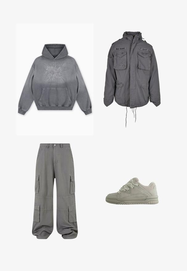 Militärstil graue Jacke mit hohem Kragen, mehreren Fronttaschen, verstellbarem Kordelzugsaum und gestickten Textdetails.; Grauer Kapuzenpullover mit einer strukturierten Druckgrafik, die "FAVELA Worldwide" und ein Adlerdesign zeigt, Kängurutasche vorne und gerippte Bündchen.; Graue Cargo-Hosen aus leichtem Stoff, mit zwei Seitentaschen, zwei Cargotaschen und einem elastischen Saum für eine bequeme Passform.; Grau Sneaker mit niedrigem Schaft, dicken, strukturierten Schnürsenkeln, gepolstertem Kragen, genähten Einsätzen und einer profilierten Gummisohle für besseren Halt.