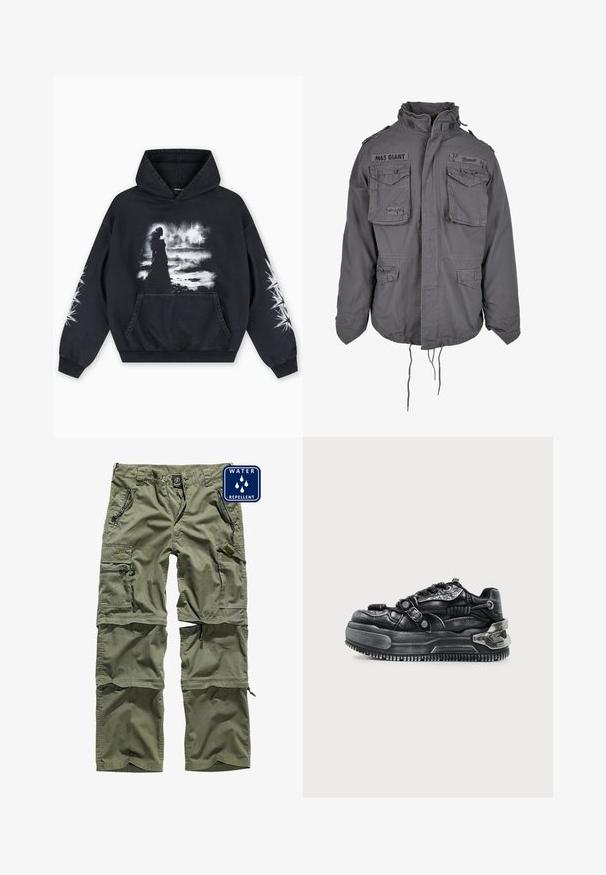 Veste grise de style militaire avec un grand col, plusieurs poches avant, un ourlet à cordon réglable et des détails de texte brodés.; Sweat à capuche noir présentant un imprimé graphique au centre montrant une silhouette sur un fond nuageux. Comprend une poche kangourou et des motifs d'étoiles sur les manches.; Pantalon cargo convertible vert olive avec plusieurs poches zippées et une étiquette déperlante en haut à droite.; Baskets chunky noires avec semelle épaisse, lacets, sangles texturées et détails métalliques au talon et sur les côtés sur un fond clair.