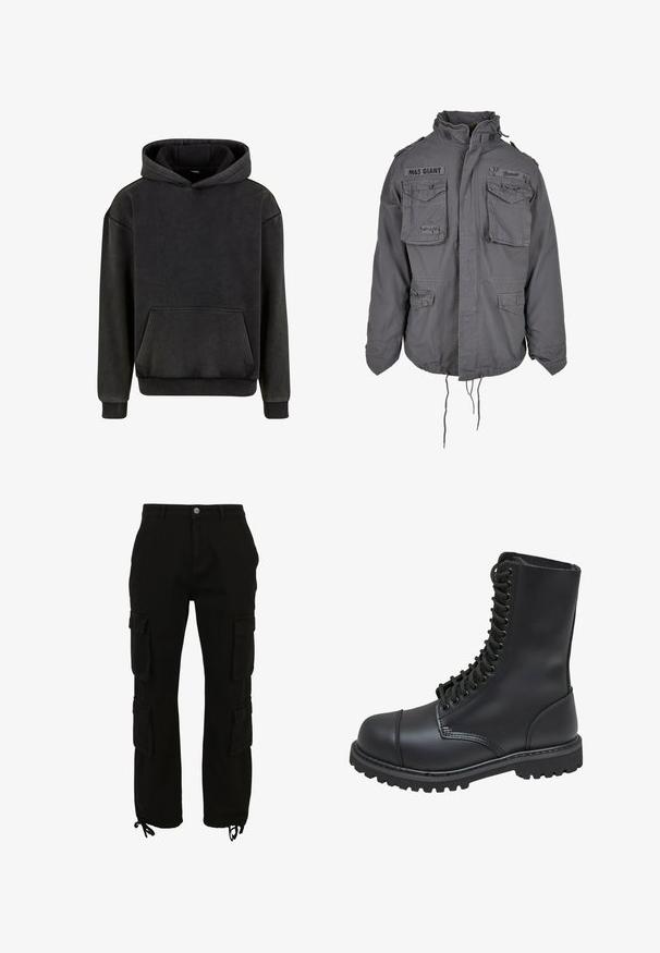 Militaire stijl grijze jas met een hoge kraag, meerdere voorzakken, verstelbare koord onderrand en geborduurde tekstdetails.; Urban Classics Hoodie - magnet; Zwarte cargobroek van katoen, voorzien van meerdere zijzakken, een knoopsluiting en verstelbare pijpen met trekkoorden.; Zwarte leren gevechtslaars met een hoge schacht, vetersluiting aan de voorkant, gewatteerde kraag en een stevige, gestructureerde zool voor grip. Bevat een versterkte neus.