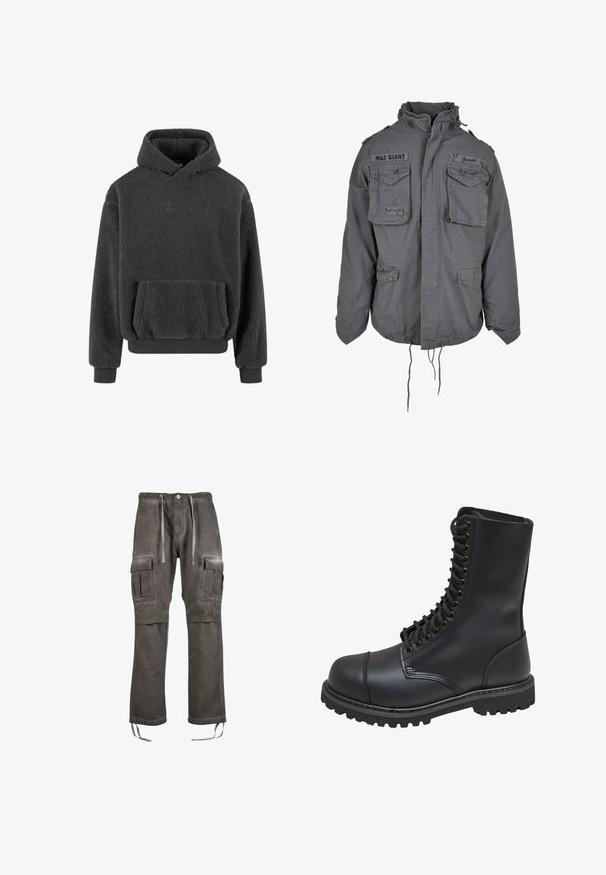 Militaire stijl grijze jas met een hoge kraag, meerdere voorzakken, verstelbare koord onderrand en geborduurde tekstdetails.; Fleece hoodie in donkergrijs met een gestructureerd oppervlak, een kangaroozak en ribgebreide cuffs en zoom. Heeft een klein logo op de borst.; Cargo broeken in een vervaagde grijze stof, met een elastische tailleband met koordjes, zijzakken en taps toelopende benen met strikjes aan de zoom.; Zwarte leren gevechtslaars met een hoge schacht, vetersluiting aan de voorkant, gewatteerde kraag en een stevige, gestructureerde zool voor grip. Bevat een versterkte neus.