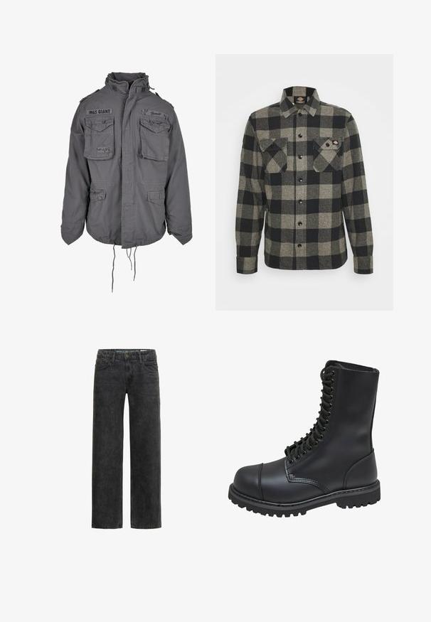 Militærstil grå jakke med høj krave, flere frontlommer, justerbar snor i kanten og broderede tekstdetaljer.; Sort og gråternet flannel skjorte med lange ærmer, knaplukning foran, to brystlommer og en let bøjet kant. Struktureret stof.; Sorte denim jeans med afslappet pasform, lige ben, fem-lomme design og en subtil falmet tekstur. Har knap- og lynlåslukning.; Sort læder kampstøvle med høj skaft, snørebånd foran, polstret krave og en robust tekstureret sål for godt greb. Har forstærket tåhætte.