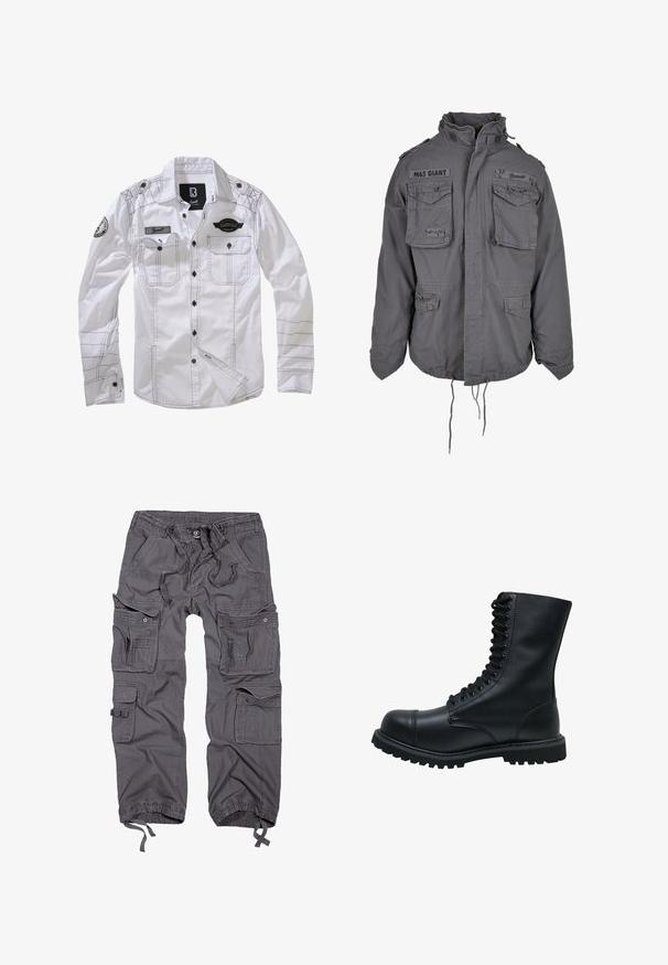 Militärstil graue Jacke mit hohem Kragen, mehreren Fronttaschen, verstellbarem Kordelzugsaum und gestickten Textdetails.; Weißes Langarmhemd mit schwarzer Naht, zwei Brusttaschen und einem Aufnäher am einen Ärmel. Mit Knopfverschluss vorne und Kragen.; Graue Cargo-Hosen mit mehreren Taschen, verstellbarem Bund, Knopfverschluss, schmal zulaufenden Säumen und einer strukturierten Stoffoberfläche.; Schwarze Leder Schnürstiefel mit runder Zehenkappe, hohem Schaft, dicker Gummisohle und texturierter Oberfläche. Enthält verstärkte Nähte entlang der Nähte.