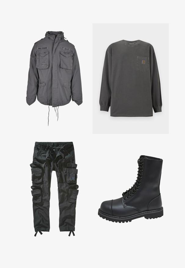 Militaire stijl grijze jas met een hoge kraag, meerdere voorzakken, verstelbare koord onderrand en geborduurde tekstdetails.; Donkergrijze lange mouwen shirt met ronde hals en een borstzakje met een klein Carhartt-logo op het zakje.; Zwarte cargobroek met meerdere zakken, verstelbare trekkoord taille en elastische boorden. Gemaakt van duurzaam materiaal met een ontspannen pasvorm.; Zwarte leren gevechtslaars met een hoge schacht, vetersluiting aan de voorkant, gewatteerde kraag en een stevige, gestructureerde zool voor grip. Bevat een versterkte neus.